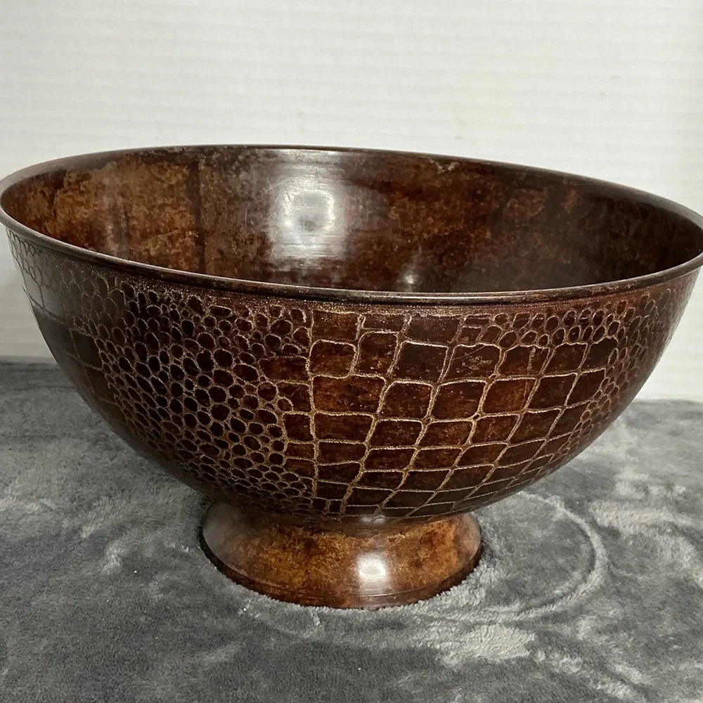 Decorative Brown Etched Metal Bowl Textured Pattern Pedestal‎ Base Made in India